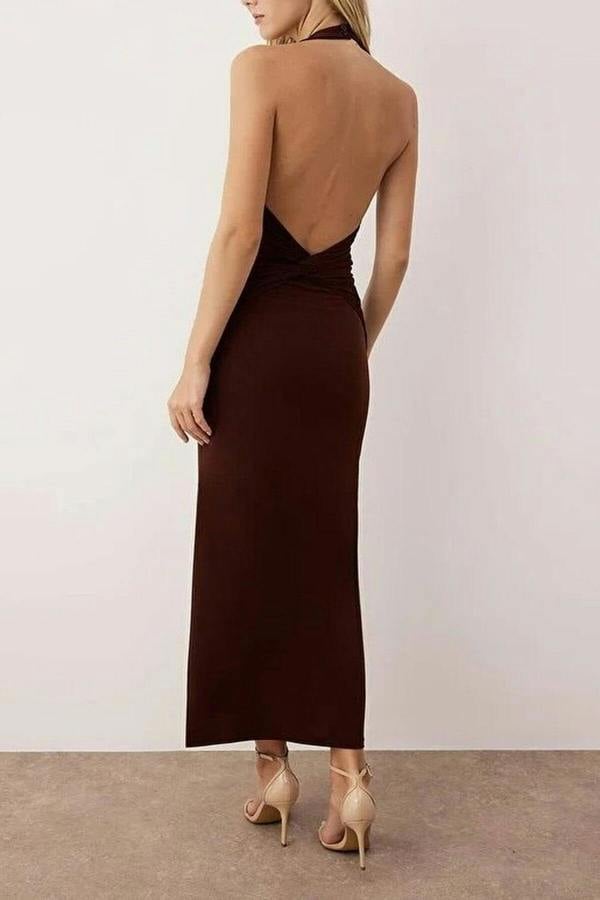 WOVCOR Draped Midi Dress with Twist Detail Stretchy Knit