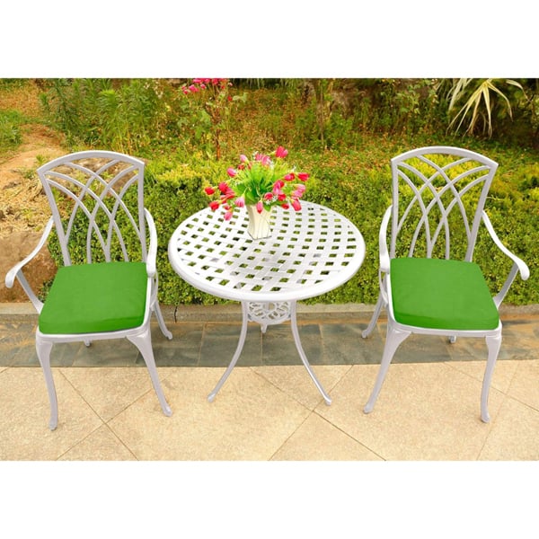 Centurion Supports OSHOWA Luxurious Garden and Patio Table and 2 Large Chairs with Armrests Cast Aluminium Bistro Set - White with Green Cushions