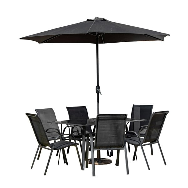 Samuel Alexander Outdoor 6 Person Rectangular Glass Top Garden Dining Table Chairs With Black Parasol and Base Set