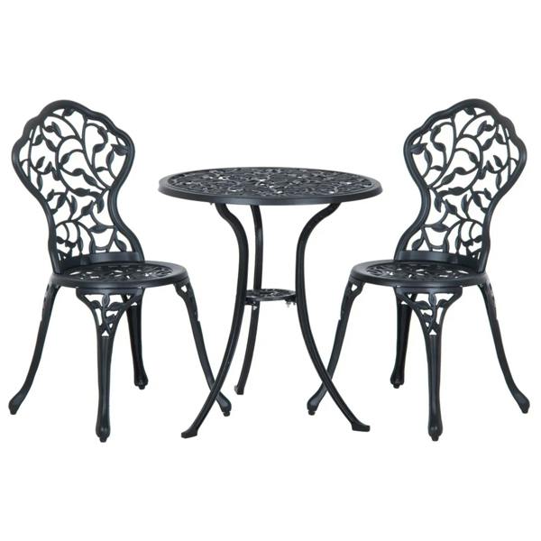 Black metal bistro dining set with round table and two ornate lattice chairs