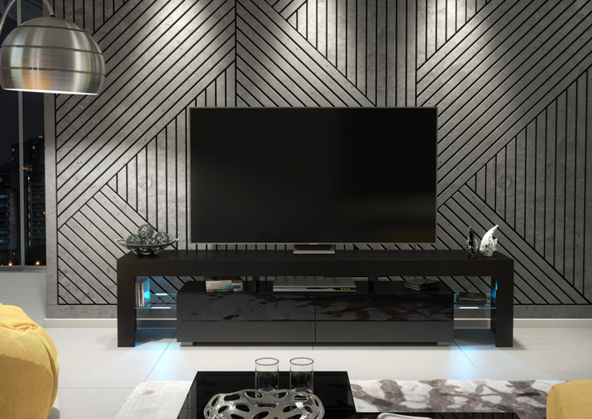 Mex Furniture Sleek 200cm TV Unit Modern Cabinet TV Stand Black High Gloss Doors with Free LED