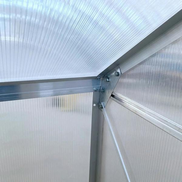 Lean-to polycarbonate greenhouse roof support bracket with aluminum frame and clear panels.