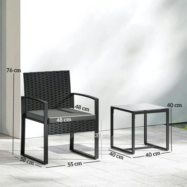 Rattan Bistro Set, 3 Piece Garden Furniture Set with Glass Top Table and Cushions, Dark Grey