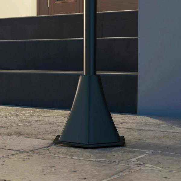 Black solar lamp post base and pole with lantern housing below