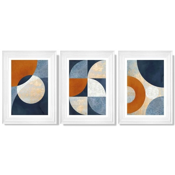 Artze Wall Art Abstract GEOMETRIC Set of 3 Navy Blue Orange and Gold Framed Art Prints