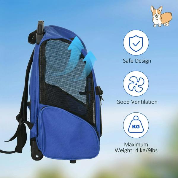 Blue pet carrier backpack with side mesh panel and padded shoulder straps
