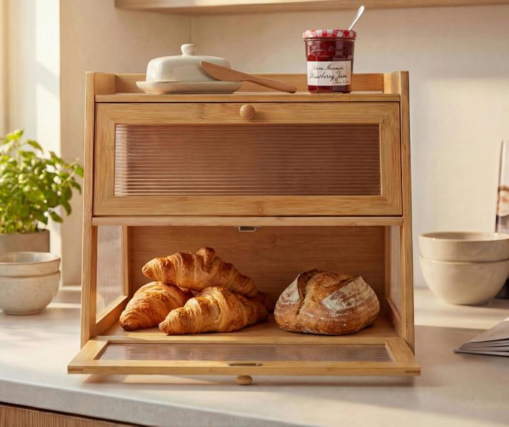 Maison des Cadeaux Large 2-Tier Bamboo Bread Bin with Fluted Windows