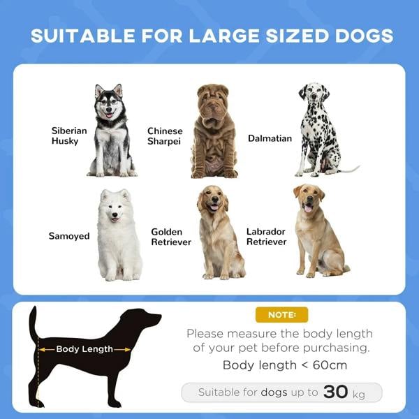 Large-dog size guide chart with body-length measurement for elevated pet cot