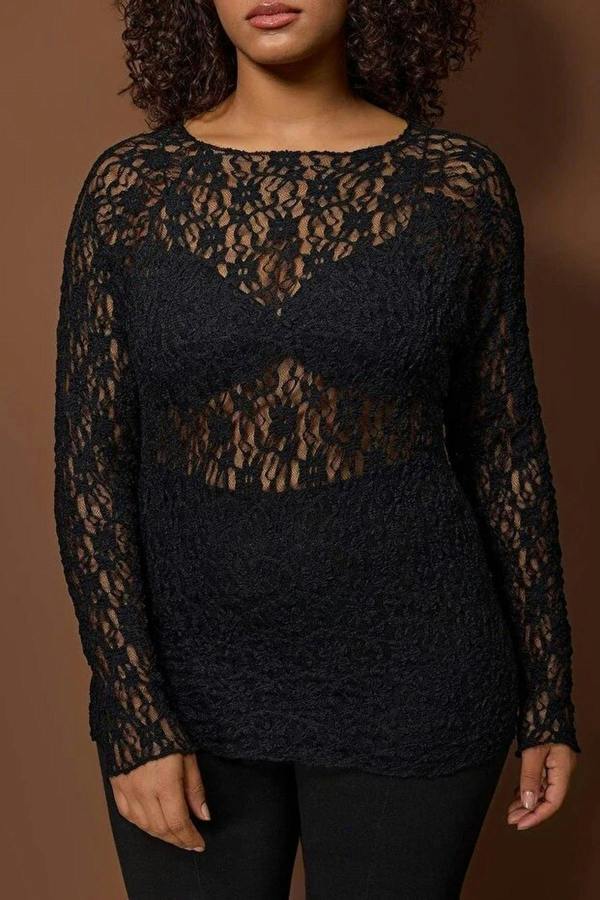 WOVCOR Black Lace Knit Plus Size Blouse