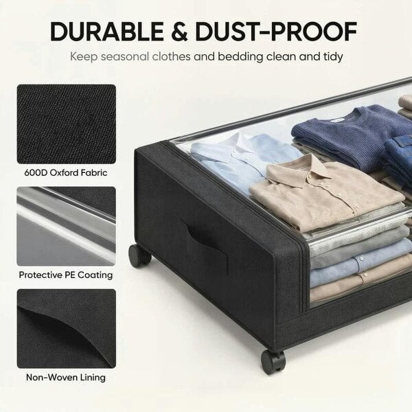 Bobobiy 40L Under Bed Storage On Wheels Pack of 2, Fabric Rolling Under Bed Drawers with Clear Lid, Zip, Steel Frame, Black