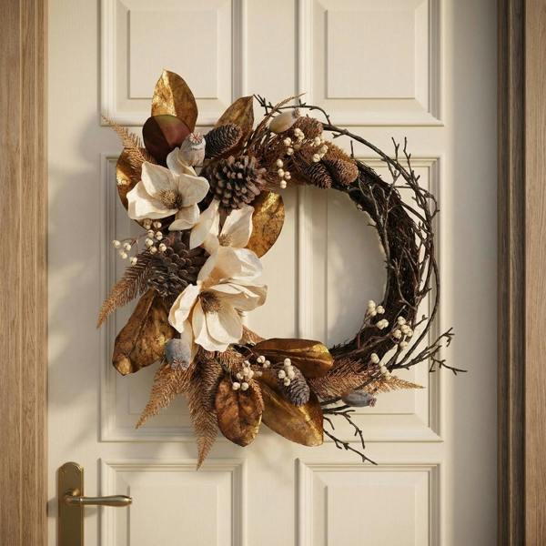 Garden Greatness Magnolia Pinecone Rustic Semi Door Wreath