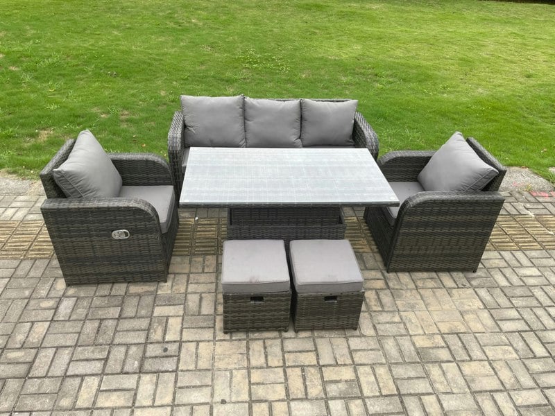 Fimous Rattan Furniture Garden Dining Sets Outdoor Height Adjustable Rising lifting Table and Chair Set With Lounge Sofa 2 Small Footstools