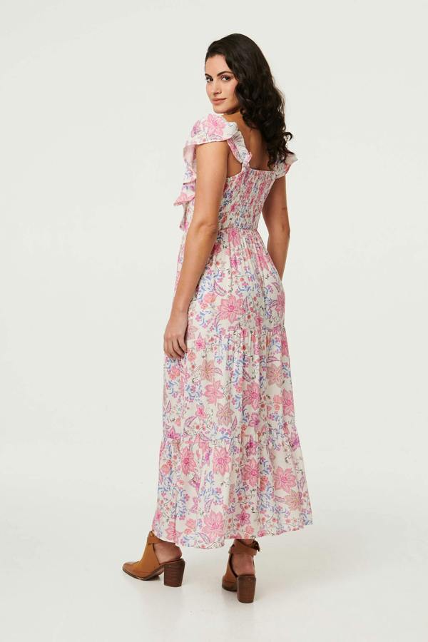 Pink | Floral Ruffled Cap Sleeve Maxi Dress