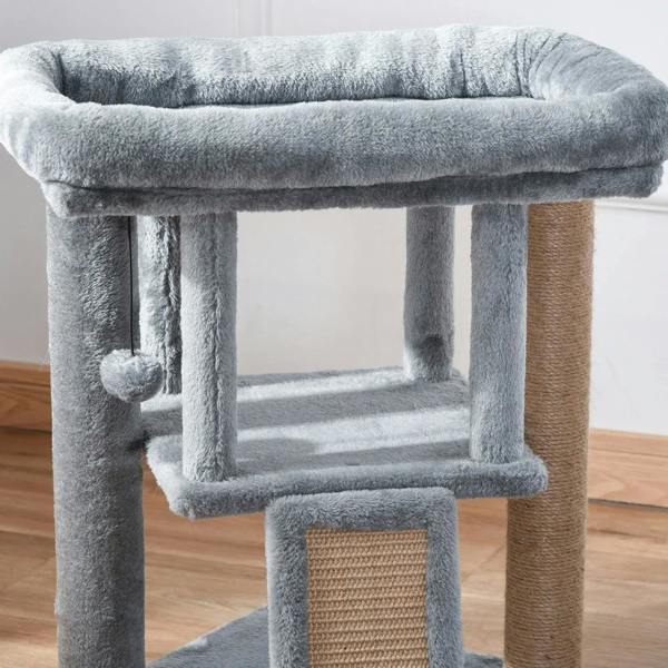 Grey cat tree tower with cubby opening and front sisal scratching pad
