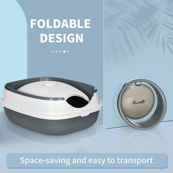 Foldable covered cat litter tray in white and dark gray with top handle and round entrance