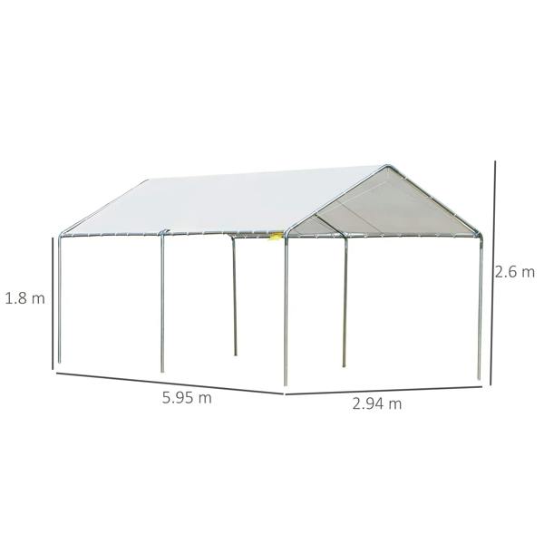 White open carport canopy tent with metal frame showing overall size measurements
