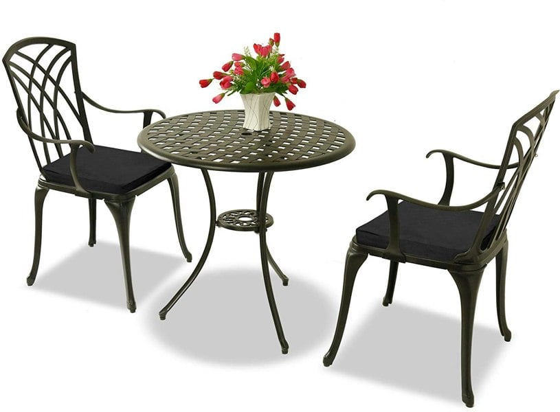 Centurion Supports OSHOWA Garden and Patio Table and 2 Large Chairs with Armrests Cast Aluminium Bistro Set - Black Cushions