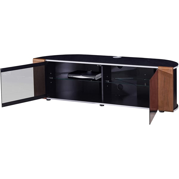 MDA Designs Sirius 1600 TV Cabinet Gloss Black Stand with BEAMTHRU Remote-Friendly Glass Door, Walnut/Oak Trims for TVs up to 70” TV