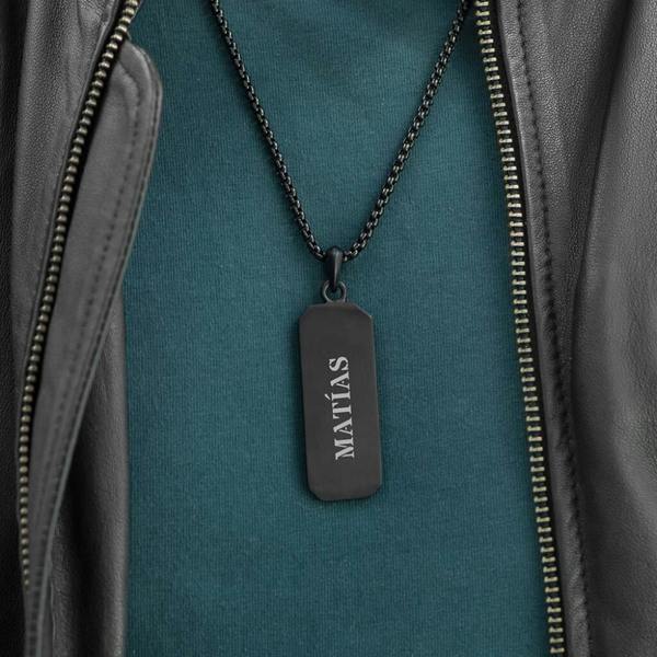 Personalised Men's Black Steel Dog Tag Necklace - close-up detail