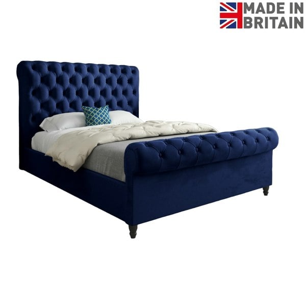 Casa Magna Sienna Sleigh Upholstered Soft Velvet Bed Frame - Blue