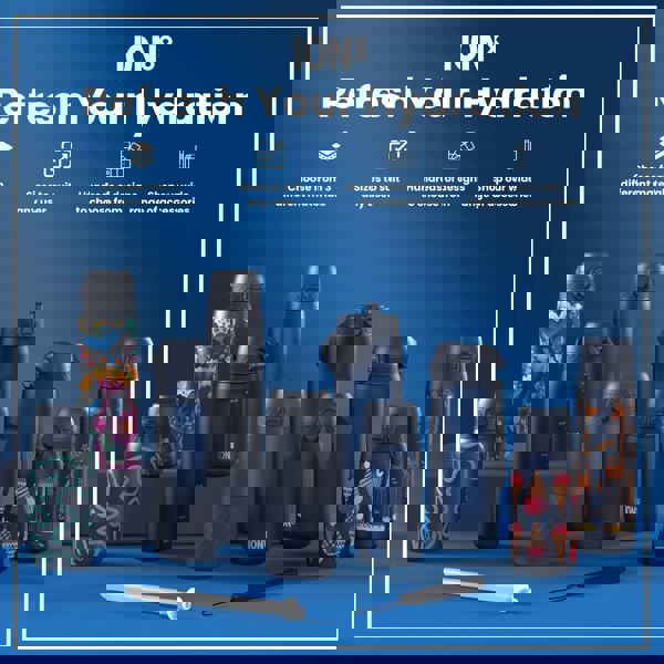 Several ION8 water bottles, in various sizes and designs, are displayed on a blue surface. Choose from 3 different materials. Sizes to suit any user. Hundreds of designs to choose from. Shop our wide range of accessories.