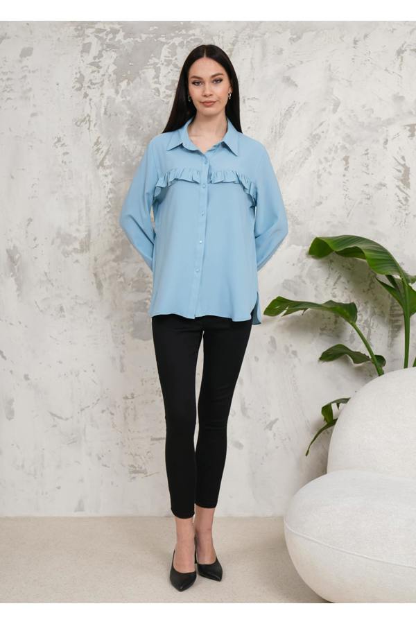 Hoxton Gal Oversized Frill Detailed Long Sleeves Blouse Shirt in Baby Blue