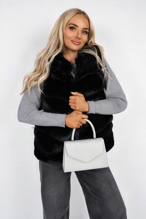 Alessina Hooded Sleeveless Faux Fur Gilet - Black