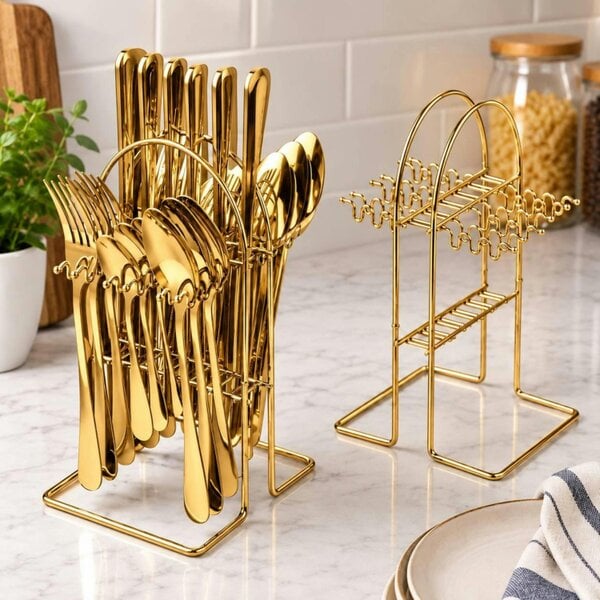 Dyzi 24 Piece Stainless Steel Cutlery Set with Storage Stand Gold