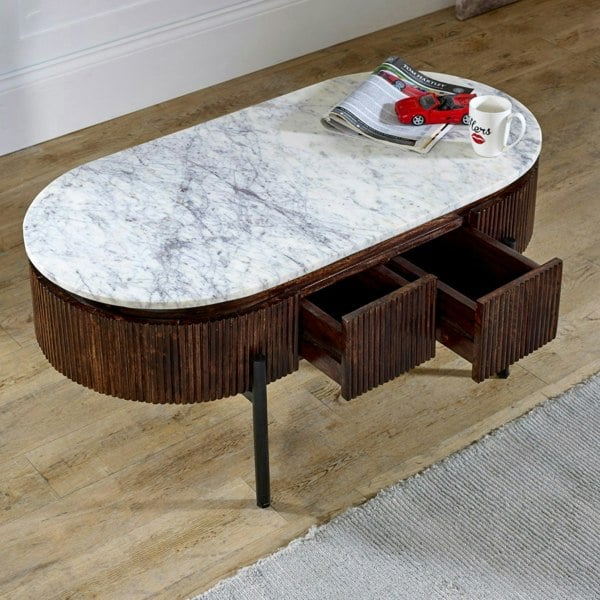 IH Design Miel Mango Wood Rectangular Fluted Coffee Table With Marble Top and Metal Legs