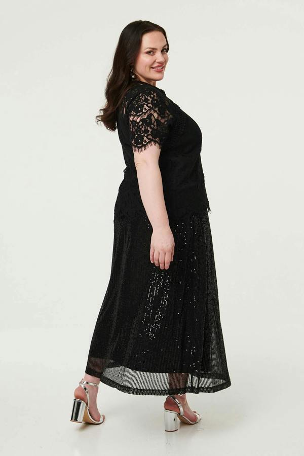 Black | Curve Sequin Layered Midi Skirt