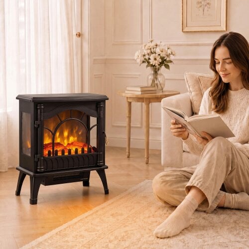 HOMCOM 3-Sided Glass Electric Fire Fan Heater with Flame Effect, Black