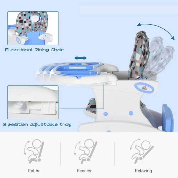 Blue baby high chair with 3-position adjustable tray and cushioned patterned seat