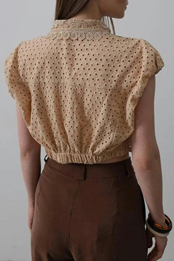 WOVCOR 100% Cotton Embroidered Sleeveless Crop Shirt