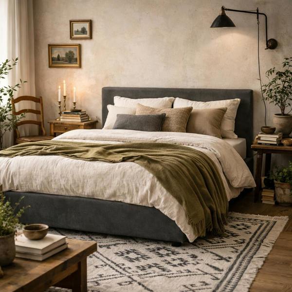 Wyld Haus Portarlington Upholstered Dark Grey Twill 5ft King Size Bed with Headboard