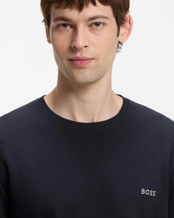 BOSS Orange Waffle Mens Ottoman pyjama T - Shirt with embroidered logo - Dark Blue 403 | CHO | Designer Mens,Pyjamas Loungewear & Robes,Pyjamas
