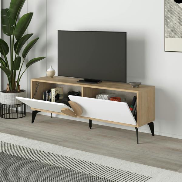 Decortie Gora Modern TV Unit Oak, White 140(W)cm with 2 Door Flap Stay Storage TV Cabinet Entertainment Metal Legs