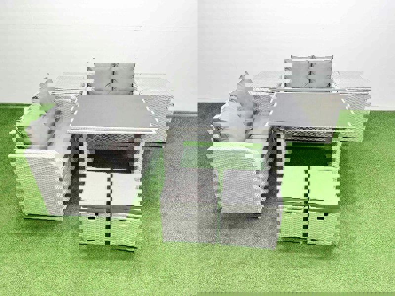 Fimous 7 Pieces Outdoor PE Rattan Sofa Set Patio Garden Furniture Sets with Cushions 2 Side Tables 2 Small Stools Light Grey