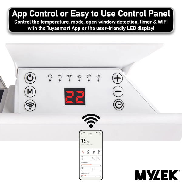 MYLEK Panel Space Heater White Low Level 1KW Eco, Smart and WiFi App Slimline Low Energy - Wall Mounted, Bathroom IPX4