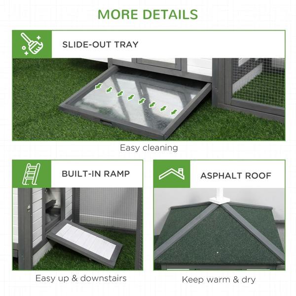 Grey chicken coop with slide-out cleaning tray and ramp inside under a green roof.