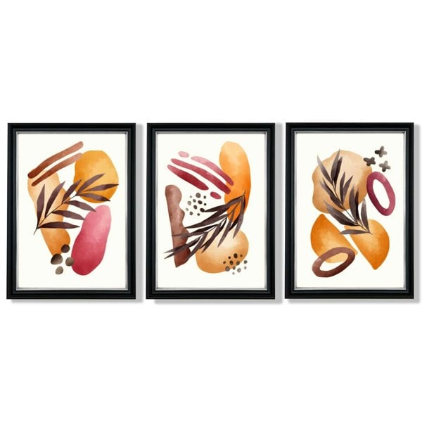 Abstract Autumn Tropical Set of 3 Framed Art Prints with Vermeer Black and Silver Frames