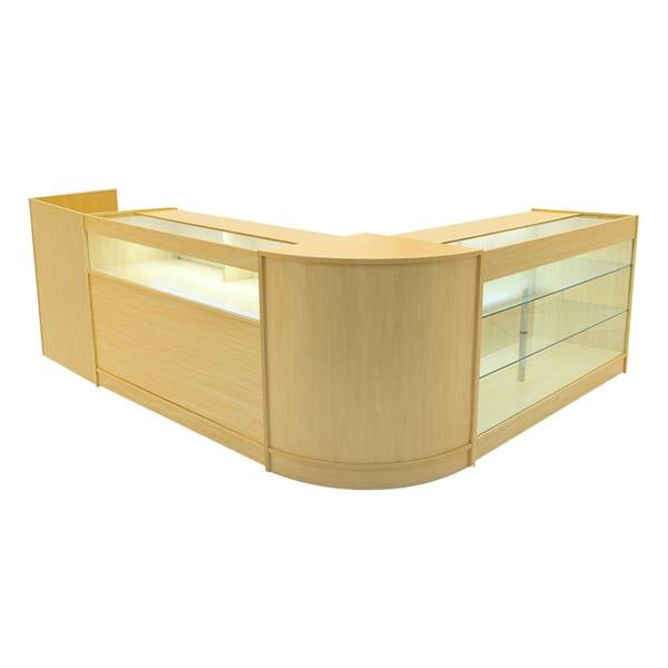 Polaris LED Shop Counter Set in maple finish, featuring sleek glass display sections and a modern L-shaped design for retail spaces