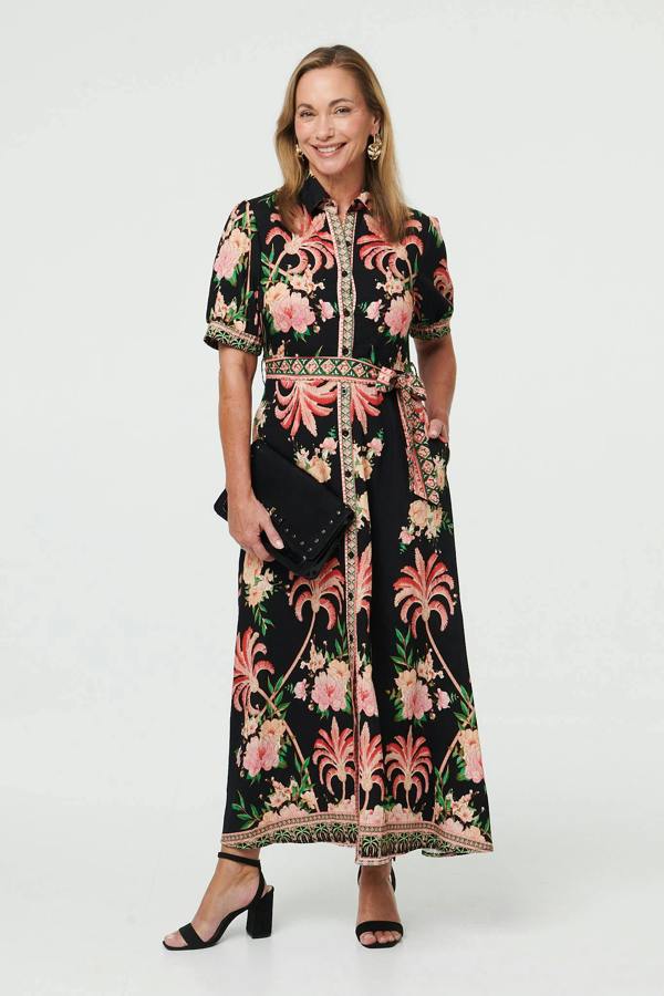 Black | Floral 1/2 Sleeve Tie Waist Maxi Dress