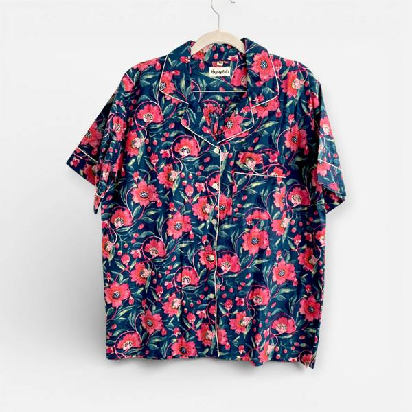 Hayley & Co Navy and Pink Block Print Floral 100% Cotton Short Pyjama Set