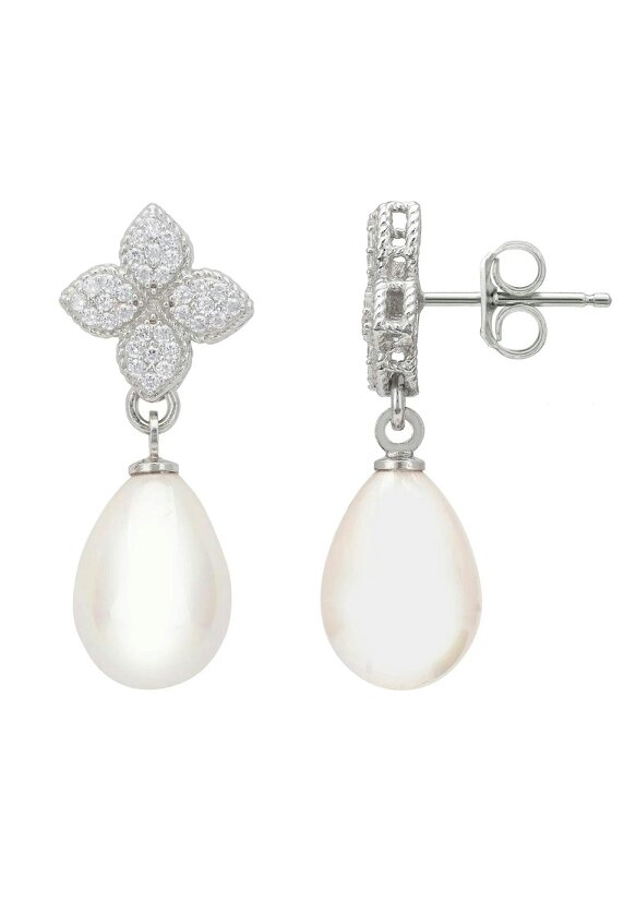 Latelita Clover Flower Pearl Drop Cz Earrings Silver