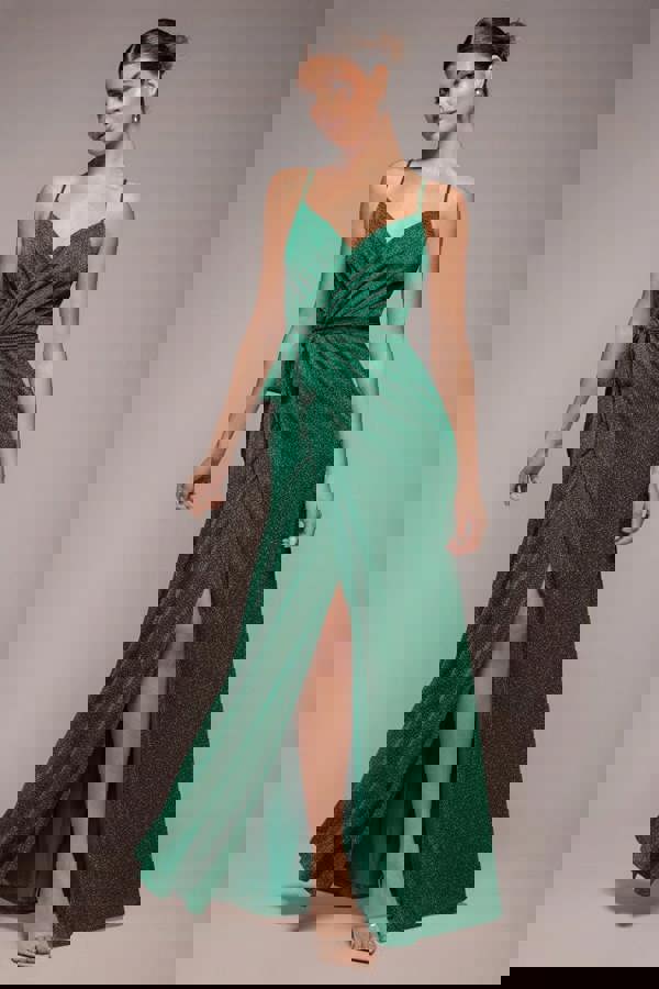 Wrap Style Spaghetti Strap Maxi With Split - Emerald DR3137A