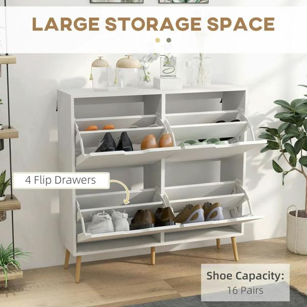 White shoe cabinet with open flip drawers and interior compartments for multiple shoes