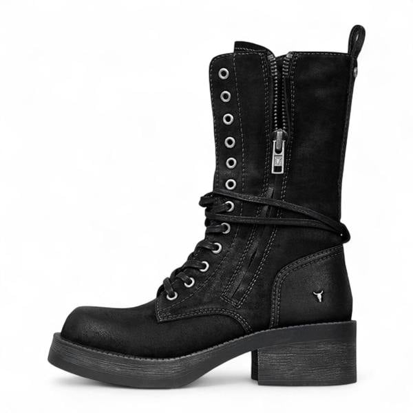 Windsorsmith Womens Black Suede Combat Boots Mid-Calf Lace-Up Biker Shoes - Gather