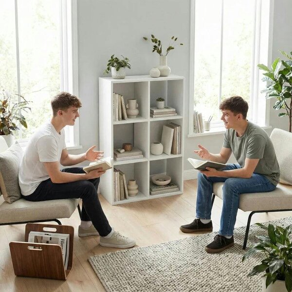 Industrial Style Storage Shelf, Bookcase, Bookshelf with 6 Compartments, for Living Room, Home Study, White Wood Effect