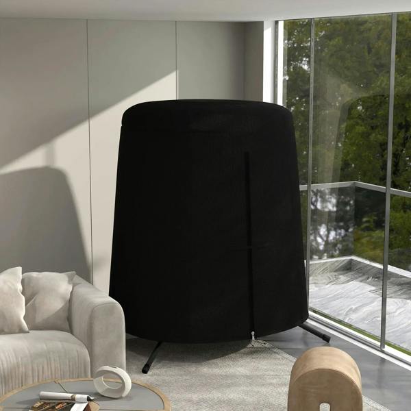 Black hanging egg chair protective cover draped over the seat and body