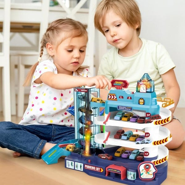 deAO Toys Garage Track Set with Music and Light Effects 3-story Parking Building with Electric Elevator Toys Vehicle Garages